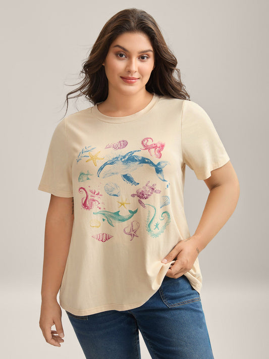 Ocean Print Round Neck Fitted T-Shirt
