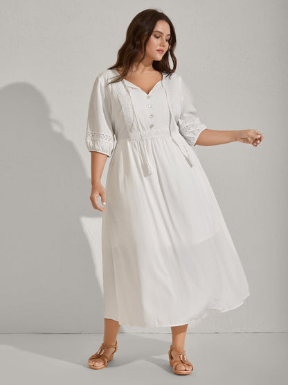 Rayon Lace Trim Cinched-Waist Midi Dress