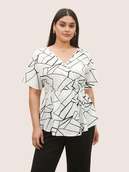Geometric Overlap Collar Ruffle Sleeve Blouse