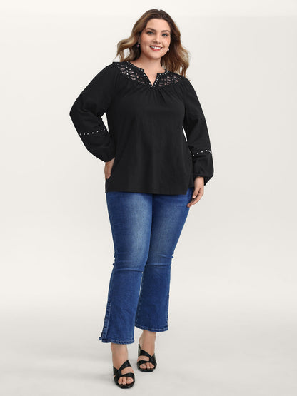 Lace Trim Rivets Cut-Out Blouse