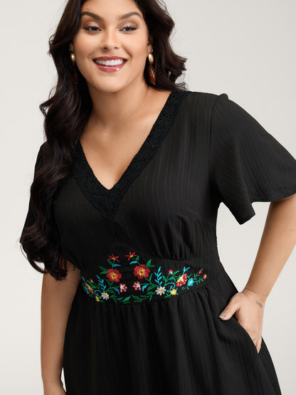 Floral Embroidered Waist Lace Trim Midi Dress