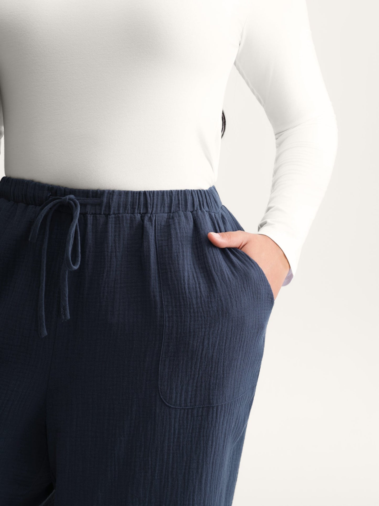 Cotton Textured Waist Drawstring Straight-Leg Pants