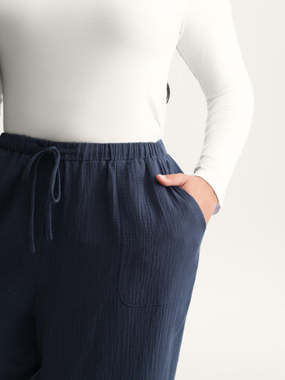 Cotton Textured Waist Drawstring Straight-Leg Pants