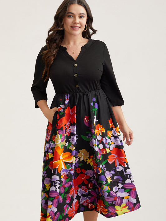 Brush Stroke Flowers Notched Collar Dress