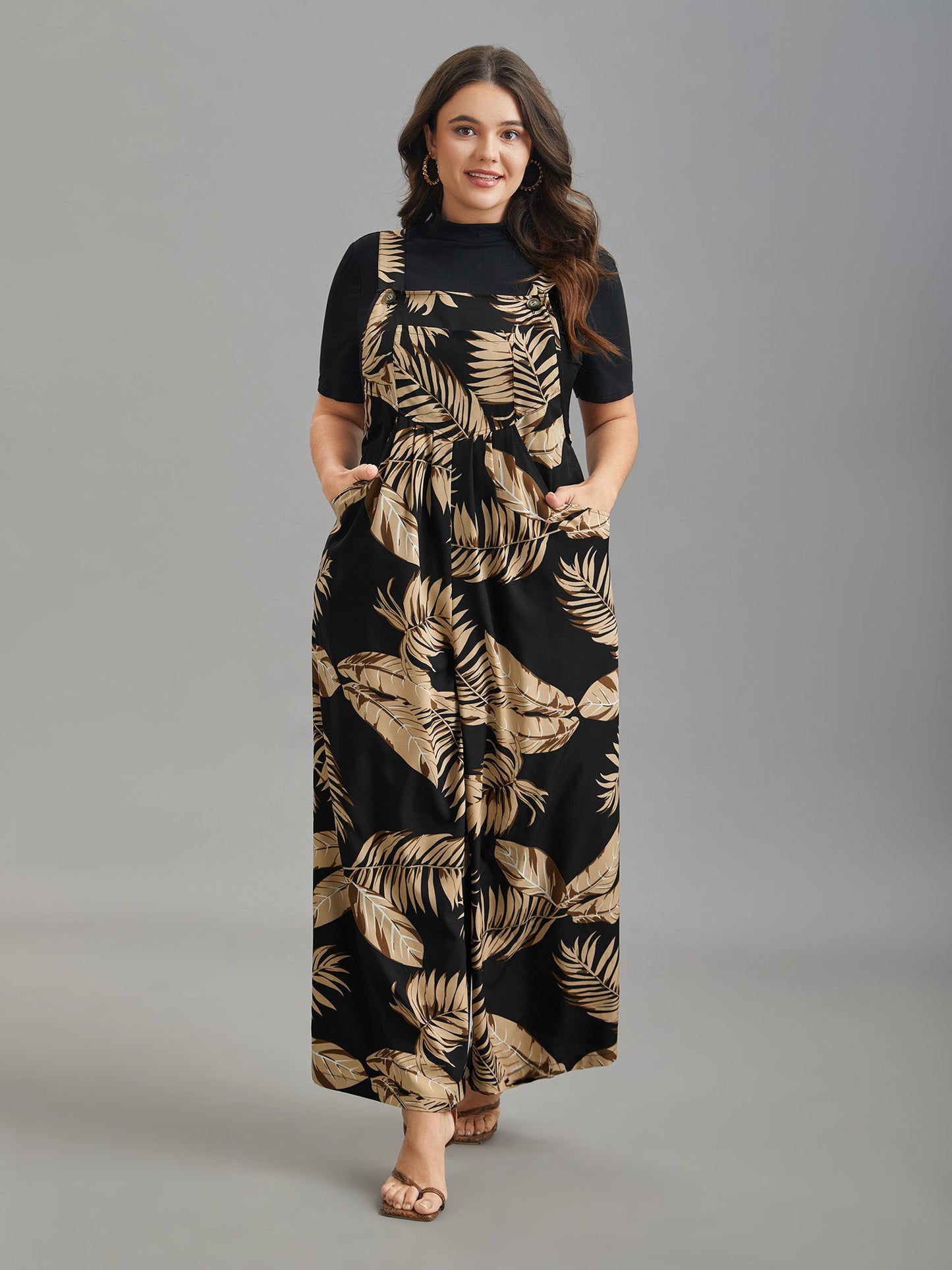 Tropical Leaf Print Overall Straps Jumpsuit