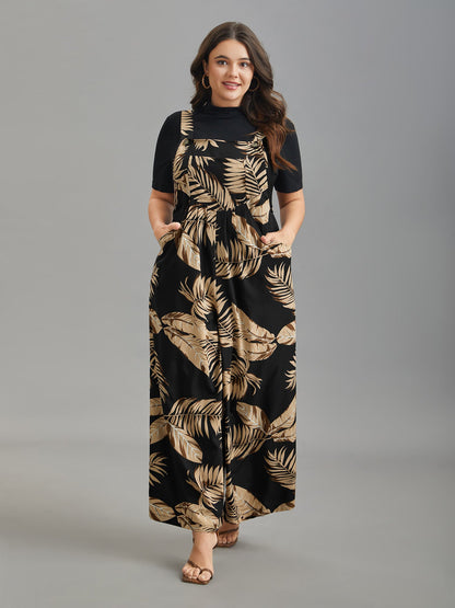 Tropical Leaf Print Overall Straps Jumpsuit