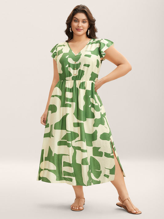 Geometric Print Cinched-Waist Button Midi Dress