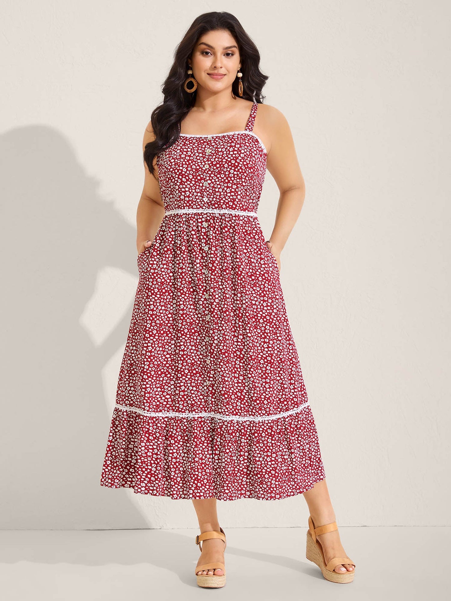Ditsy Floral Print Lace Trim Cami Dress