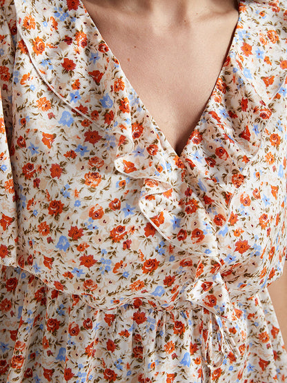 Ditsy Floral V Neck Ruffle Tie Front Blouse