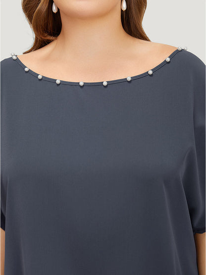 Solid Pearl Beaded Ruched Sleeve Blouse