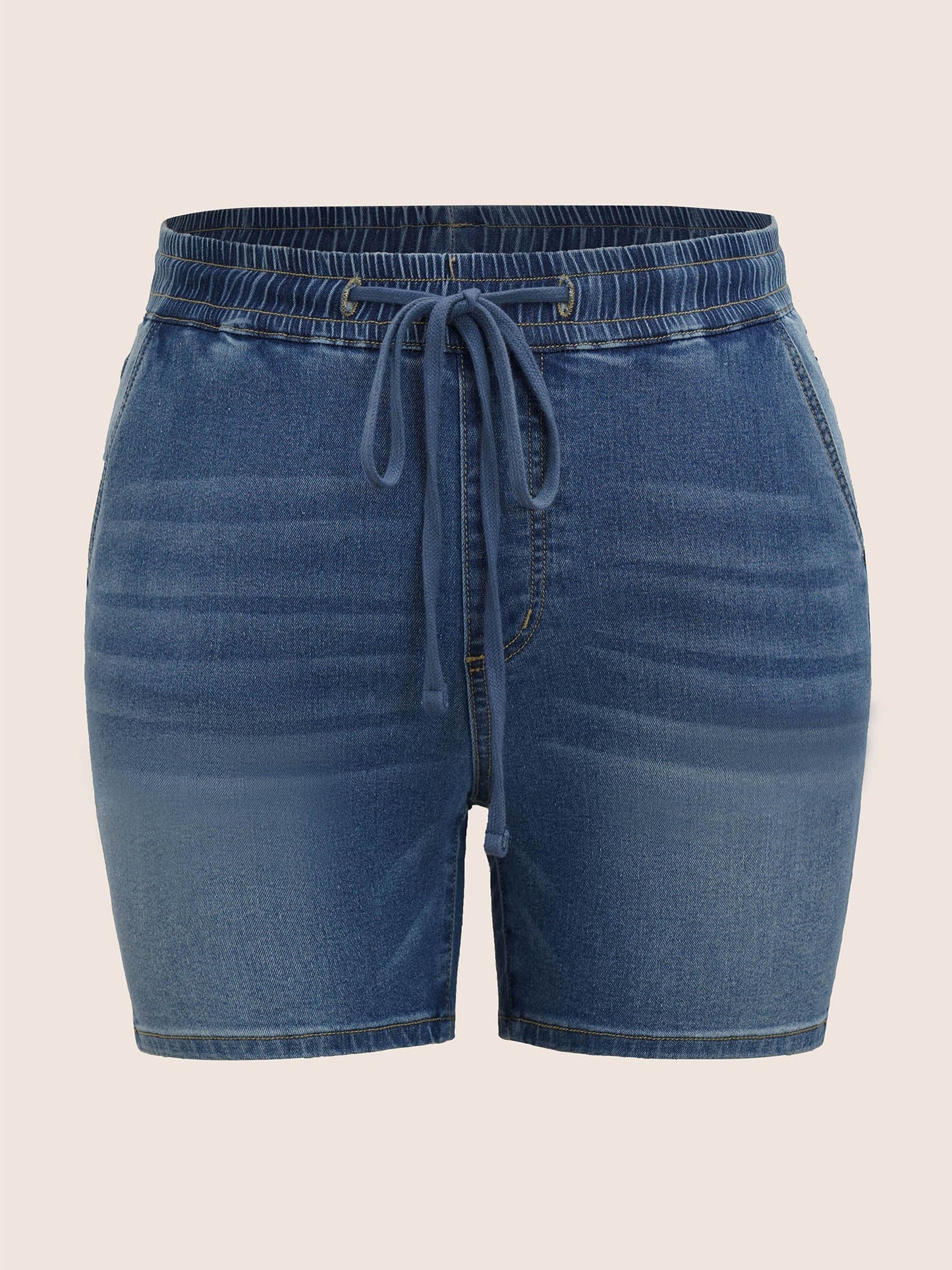 Light Wash Elastic Waist Drawstring Denim Shorts