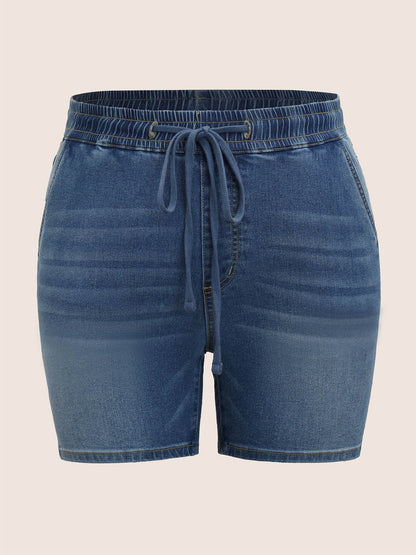 Light Wash Elastic Waist Drawstring Denim Shorts