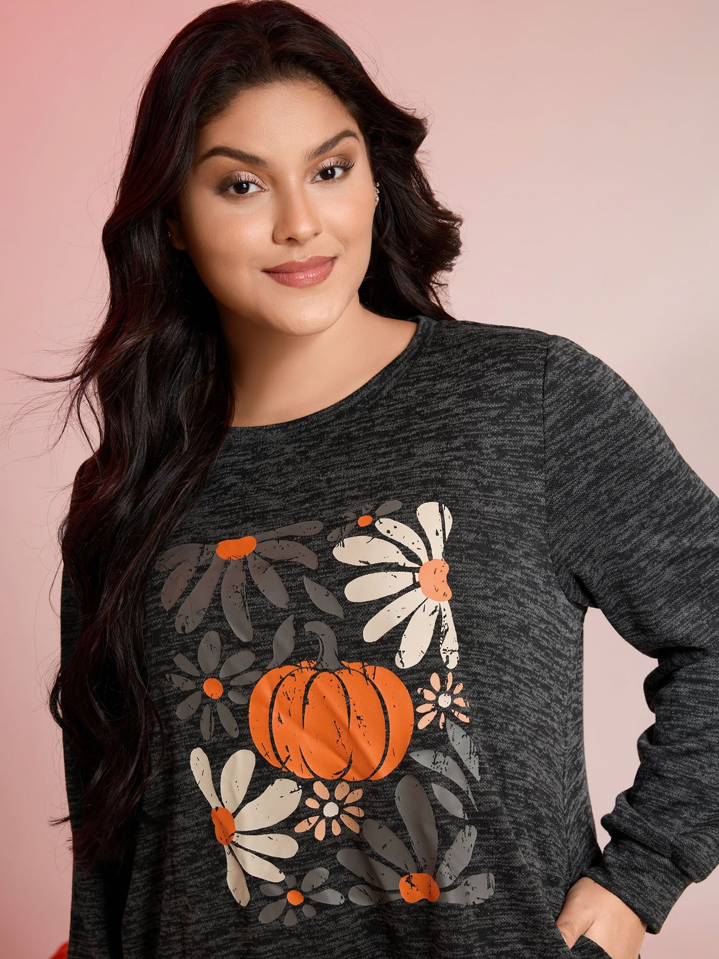 Halloween Pumpkin Floral Pockets Tunic Top