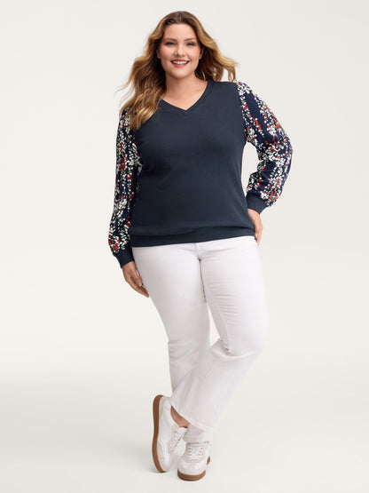 Textured Floral Sleeve V-Neck Sweatshirt