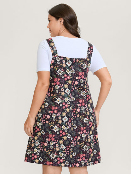 Floral Flocked Adjustable Straps Pockets Midi Dress