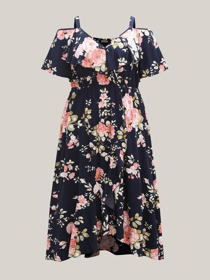 Ruffled Neck Off-Shoulder Floral Midi Dress