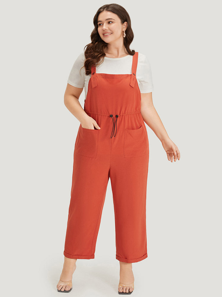 Plain Button Up Pocket Roll Hem Drawstring Jumpsuit