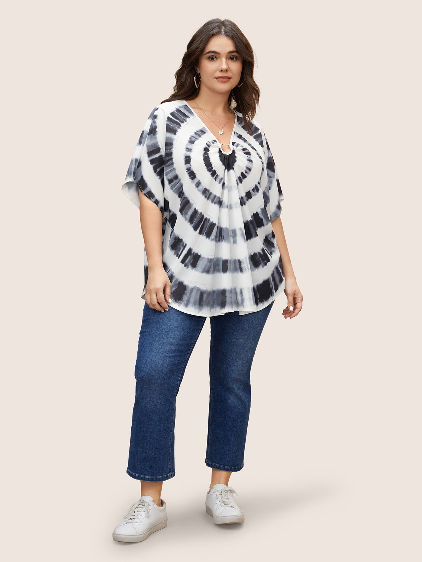 Tie Dye Metal Detail Batwing Sleeve Blouse