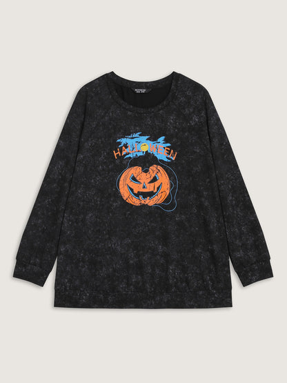 Creepy Pumpkin Motif Snowflake Effect Sweatshirt