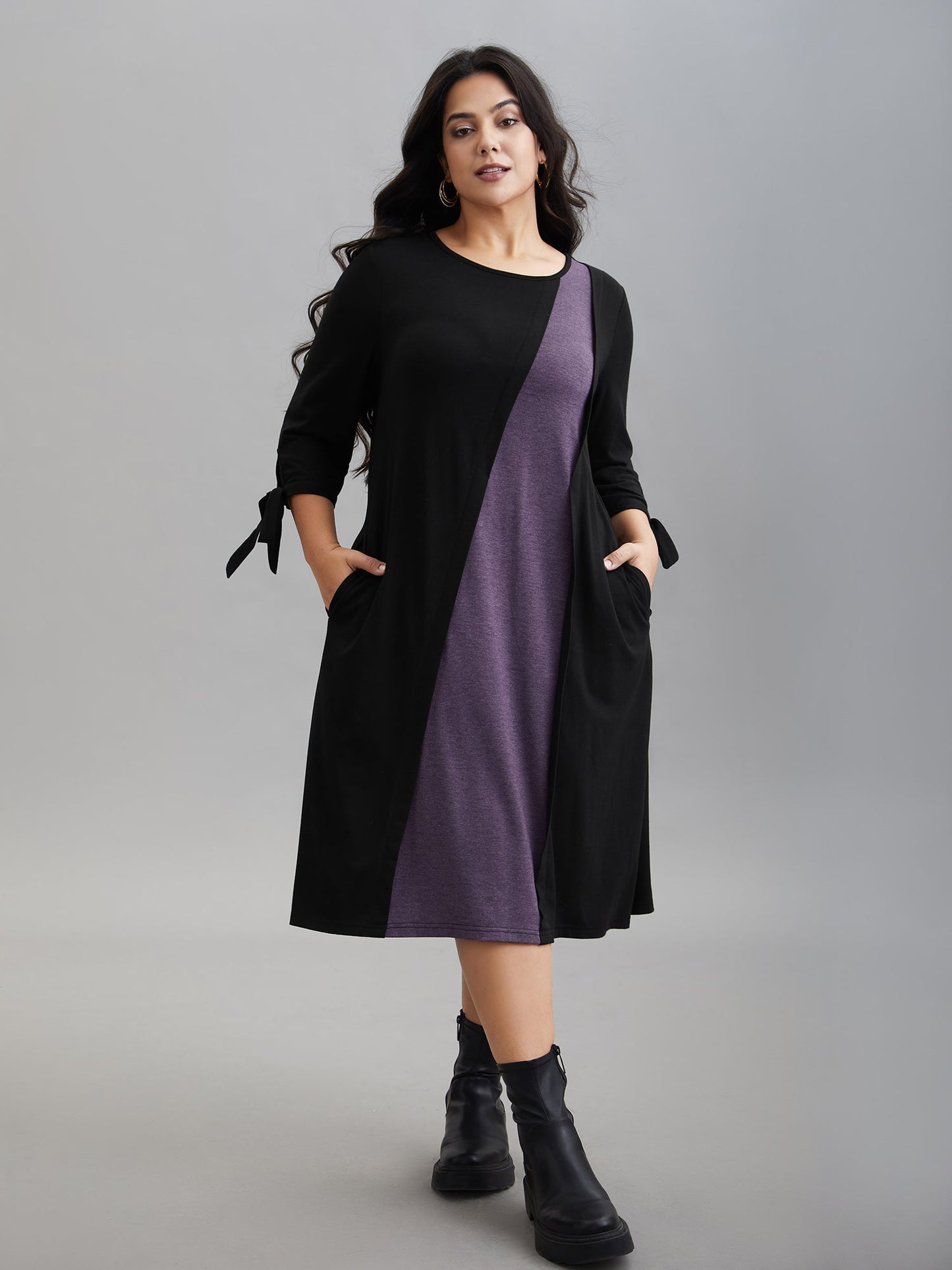 Color Block Tie-Knot Fitted Midi Dress