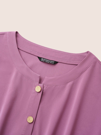 Notched Button Through Elastic Waist Belted Dress