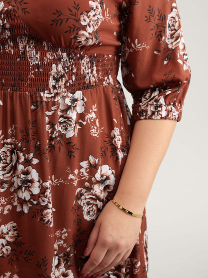 Floral Print Shirred Bust-Comfort Maxi Dress