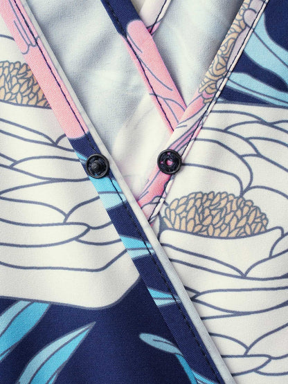 Tropical Print Back-Tie Shirred Midi Dress
