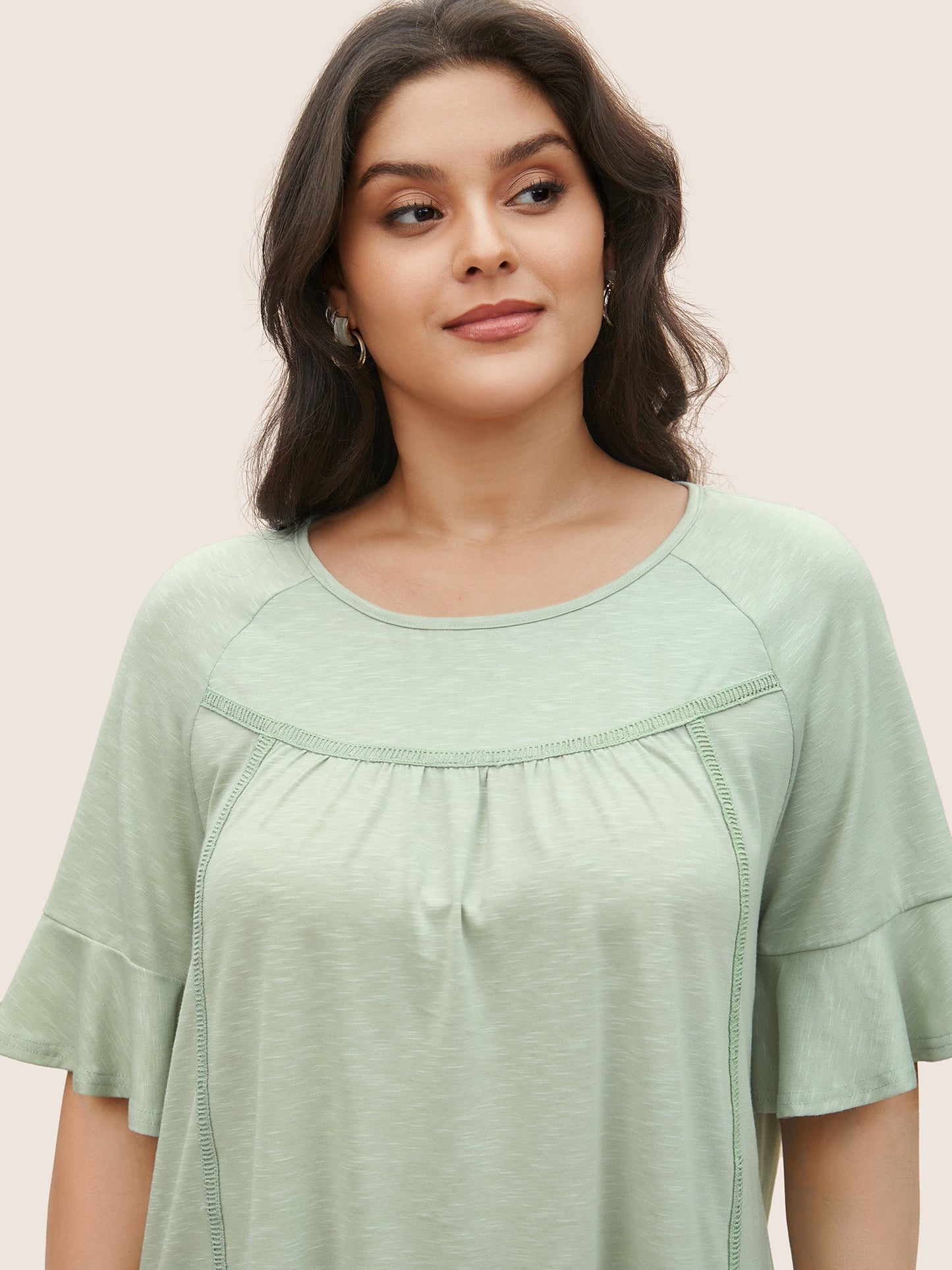 Round Neck Plain Gathered Ruffles T-shirt