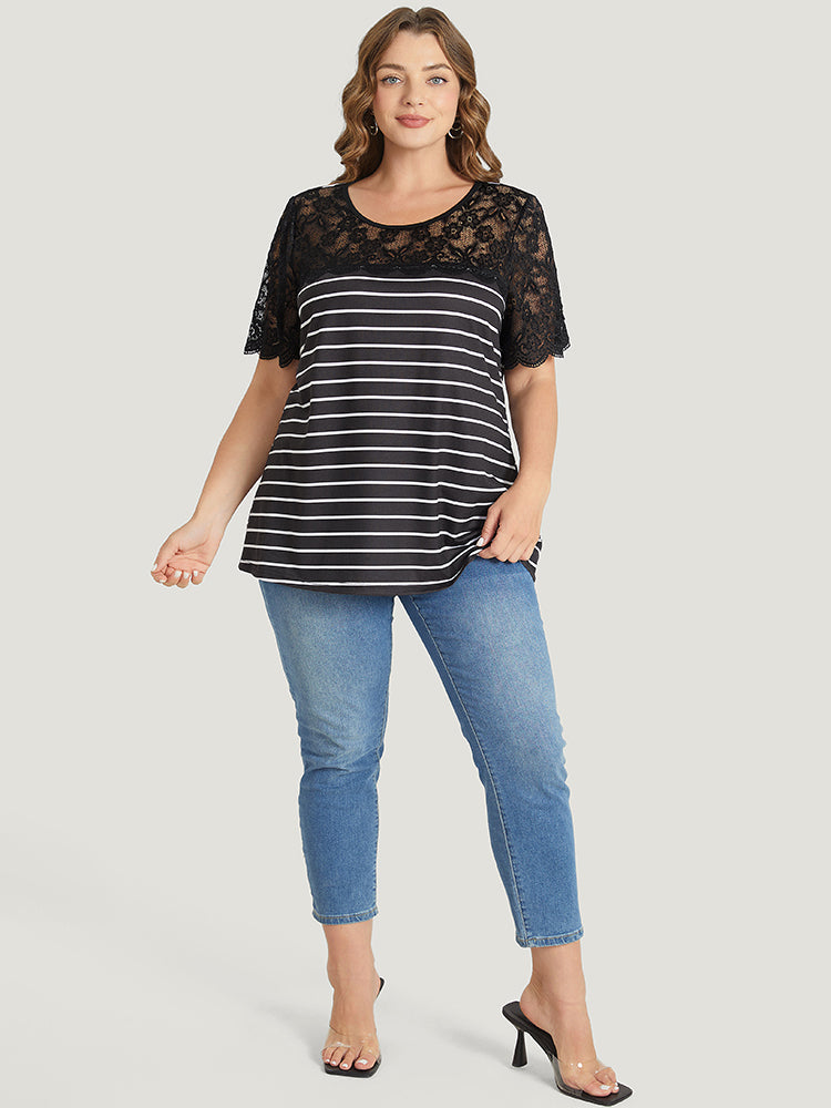 Striped Patchwork Lace Scalloped Trim T-shirt