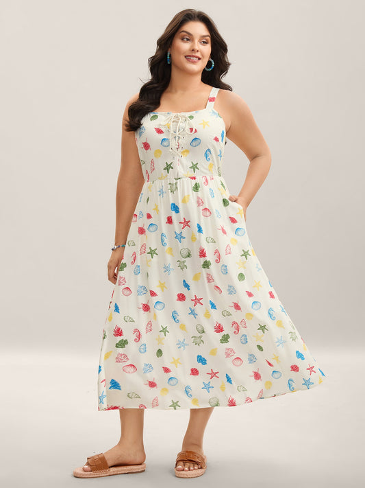 Ocean Print Adjustable Straps Pockets Midi Dress