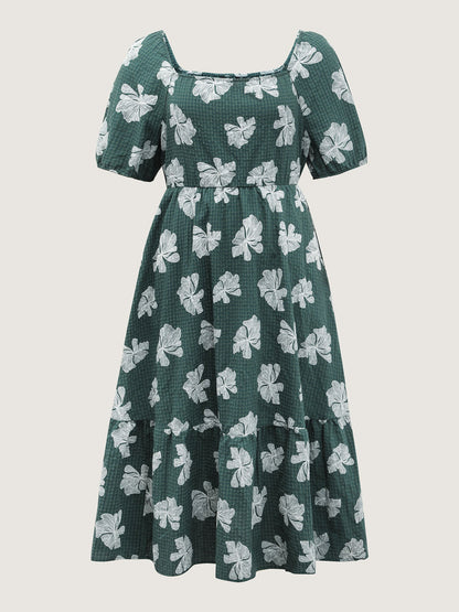 Floral Plaid Print Puffy Sleeve Midi Dress