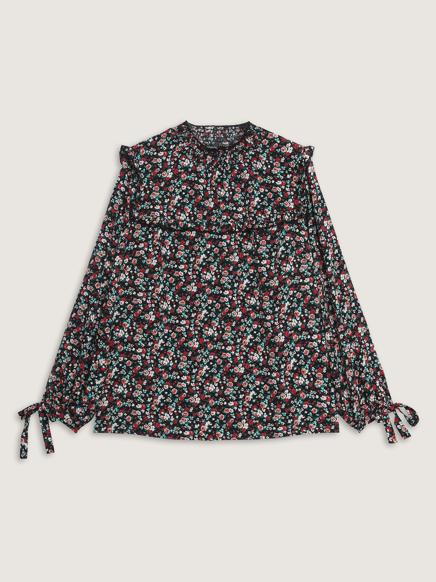 Floral Print Shirred Sleeve Tie Blouse