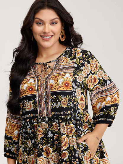 Floral Print Contrast Puffy Sleeve Maxi Dress
