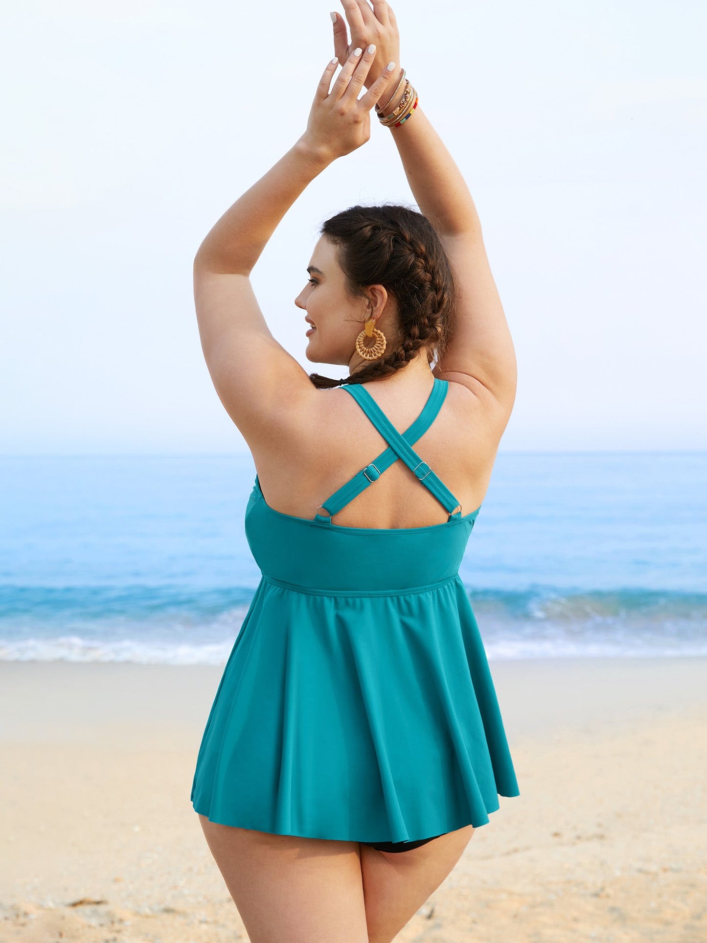 Solid Cut Out Gathered Adjustable Straps Swim Top