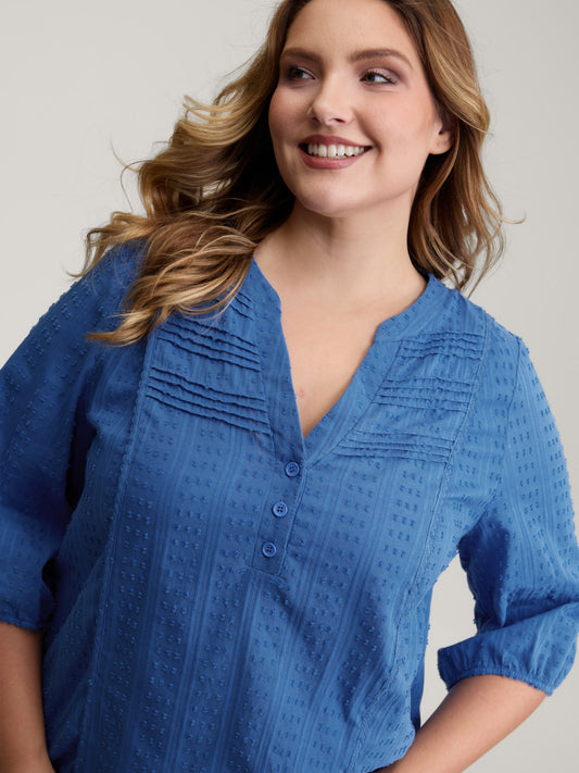 Textured Pleated Notched Neckline Blouse