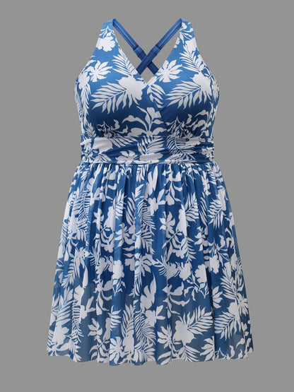Tropical Print Adjustable Slit Swim Dress