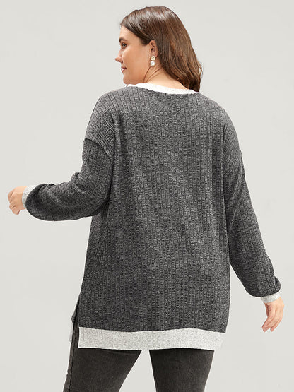 Contrast Trim Split Hem Textured V Neck Sweatshirt