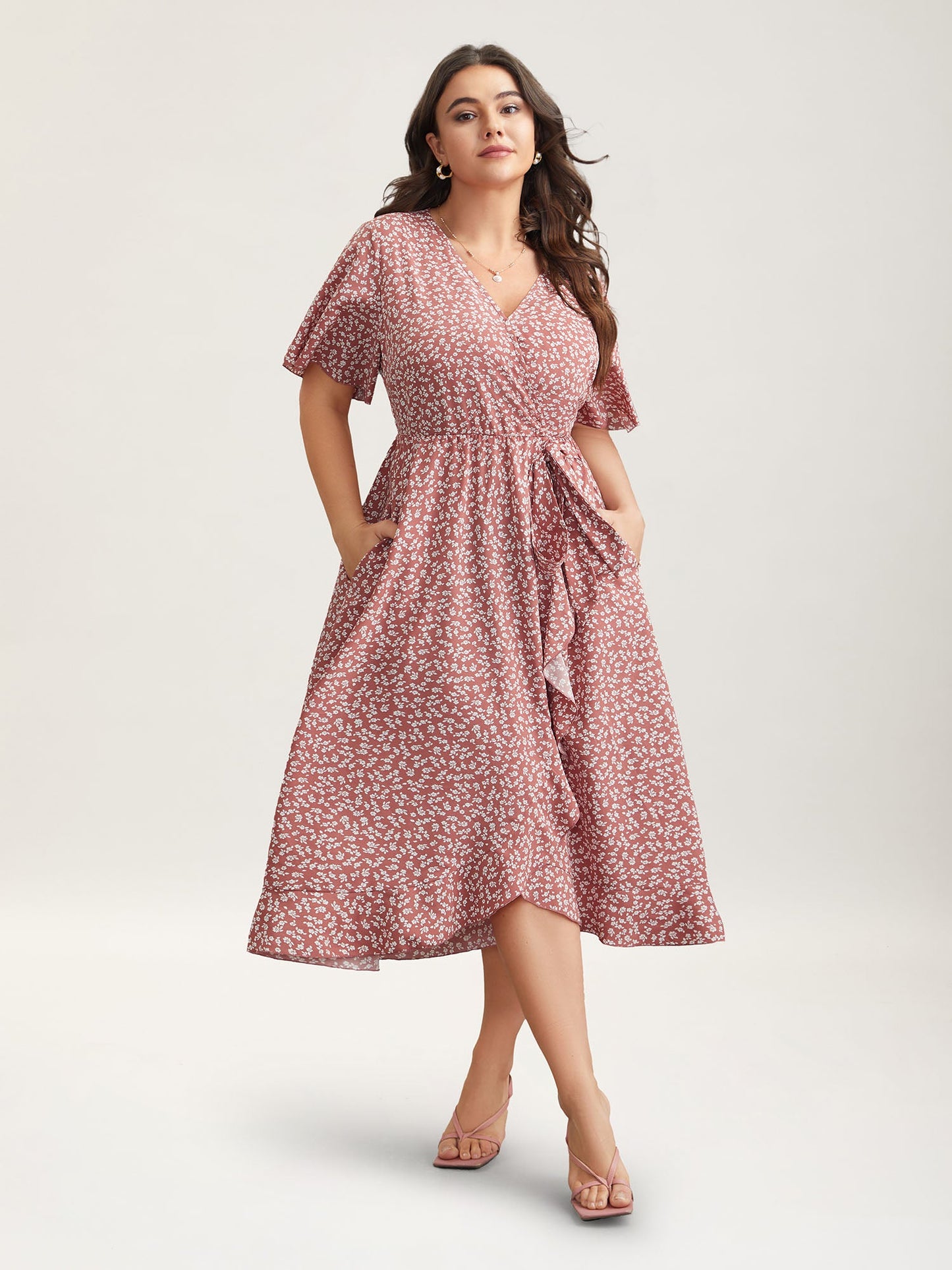 Ditsy Floral Print Stretchy-Waist Ruffle Midi Dress
