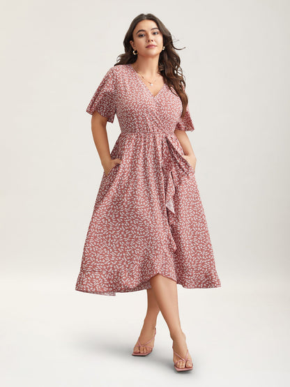 Ditsy Floral Print Stretchy-Waist Ruffle Midi Dress