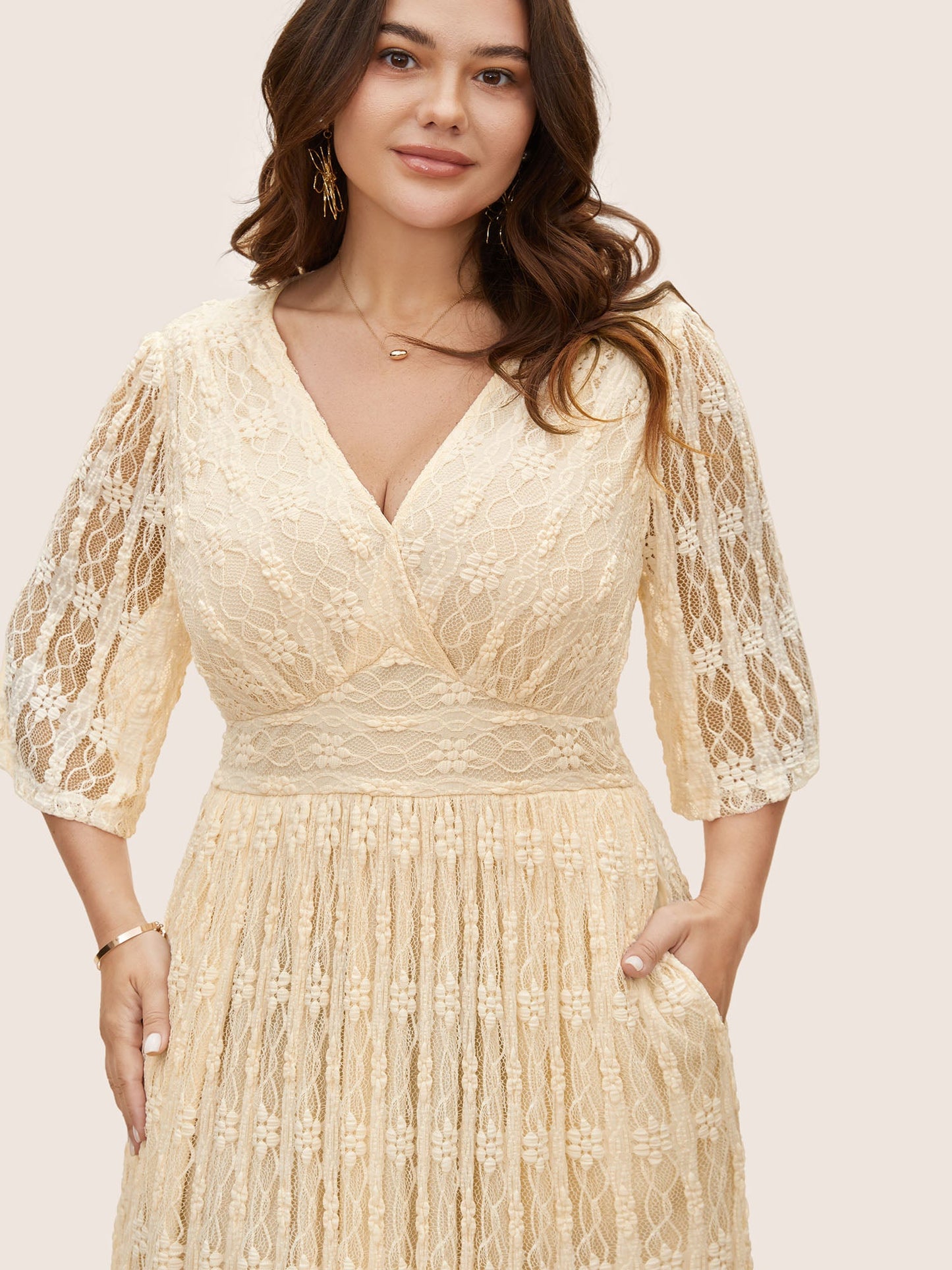 Solid Overlap Collar Lace Panel Dress