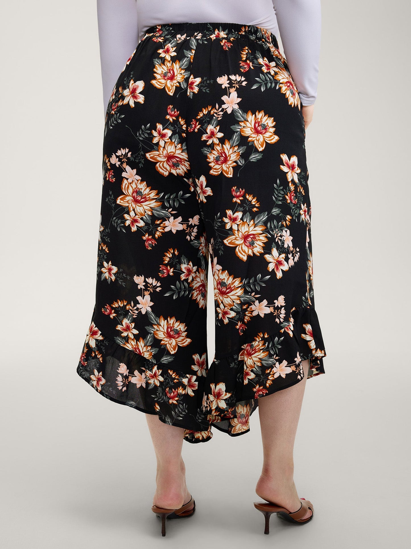 Floral Print Ruffled Wide-Leg Pants