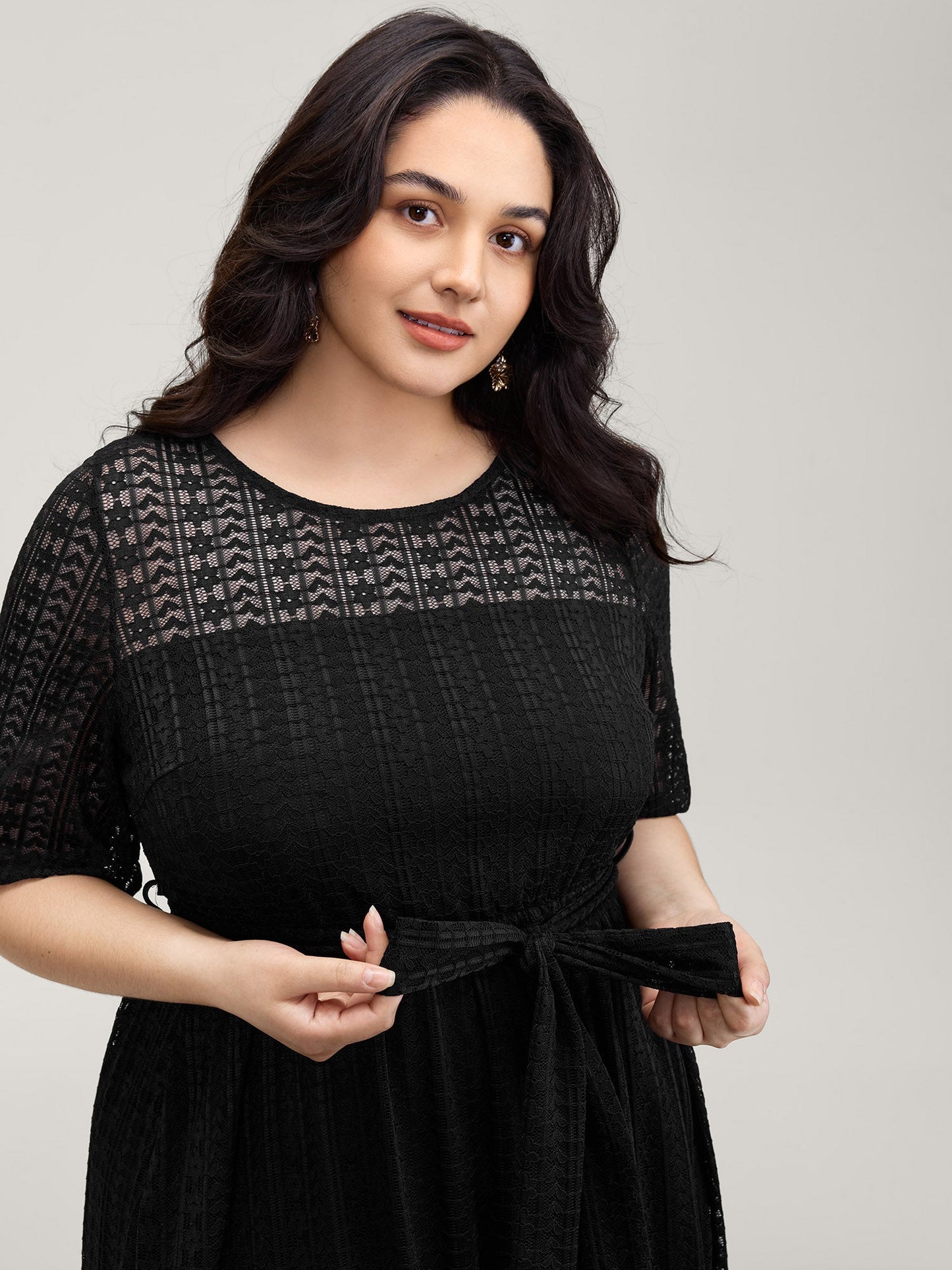 Lace Trim Sheer Stretchy Waist Midi Dress