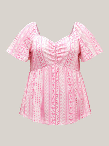 Floral Stripes Pleated Sweetheart Neck Top