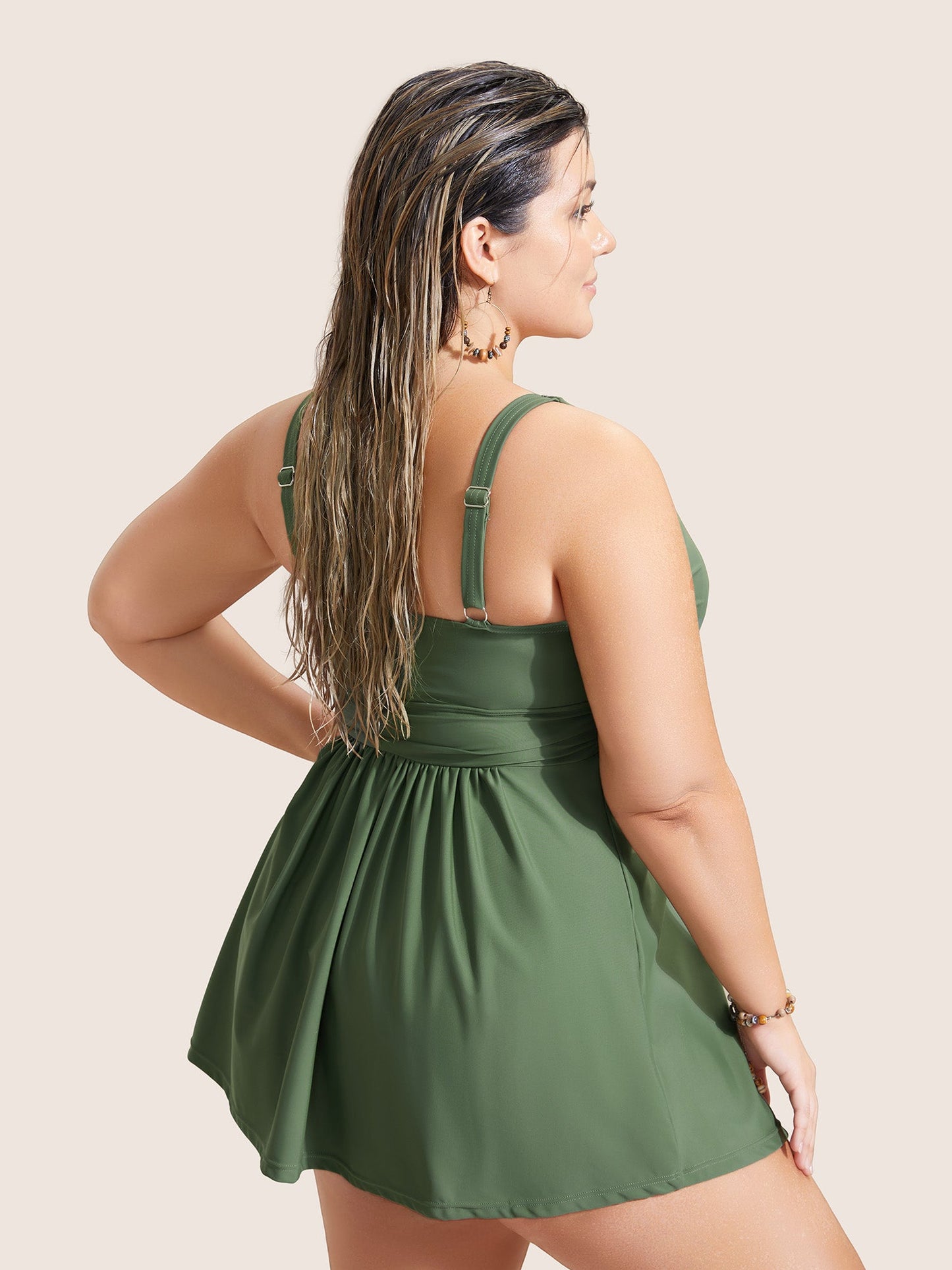Plain Twist Front Gathered Swim Dress