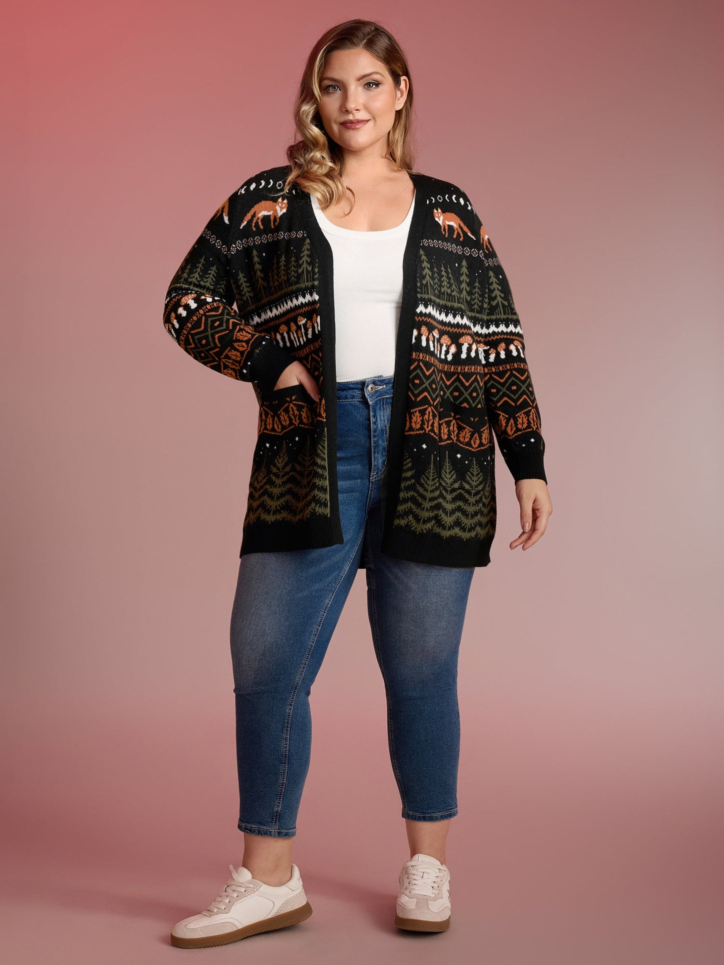 Fox in Forest Contrast Knit Cardigan