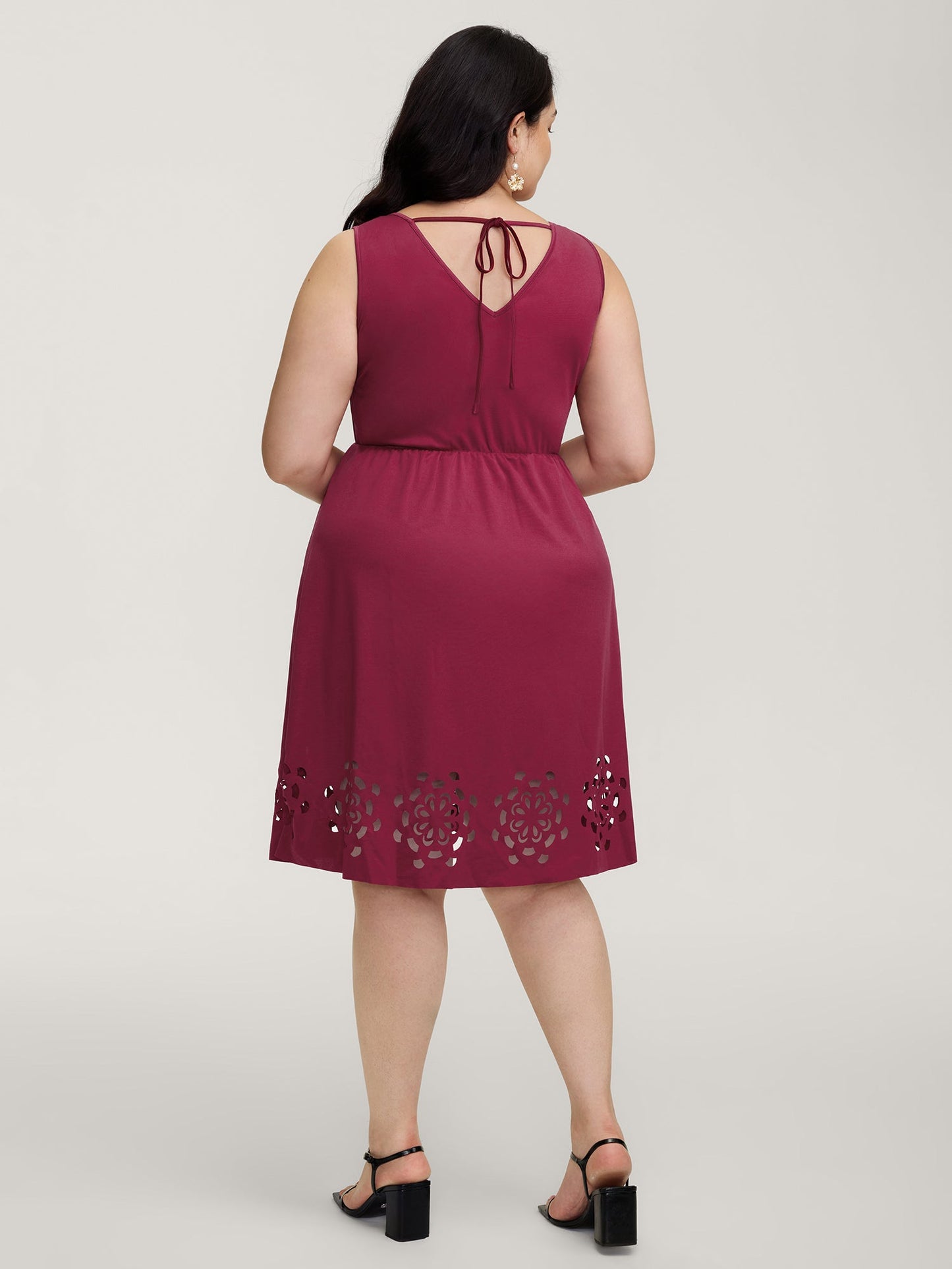 Laser Cut Hem Backless Tie Midi Dress