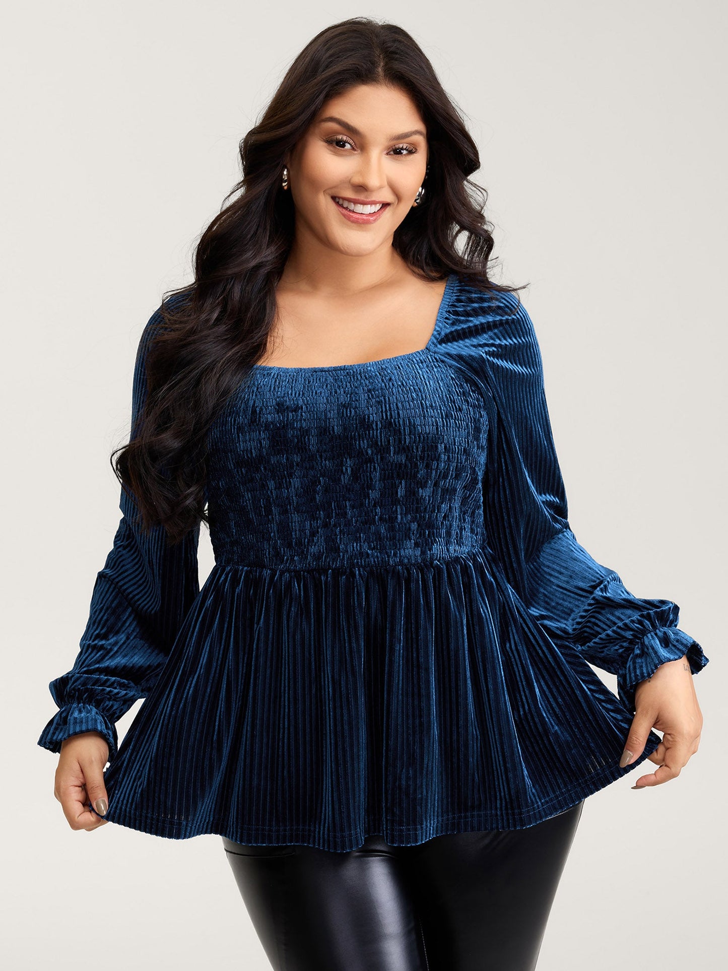 Velvet Shirred Bodice Stretchy Waist Blouse