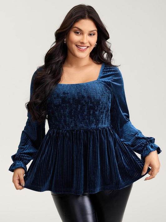 Velvet Shirred Bodice Stretchy Waist Blouse