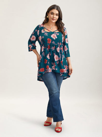 Floral Print Neck Cut-Out Babydoll Top
