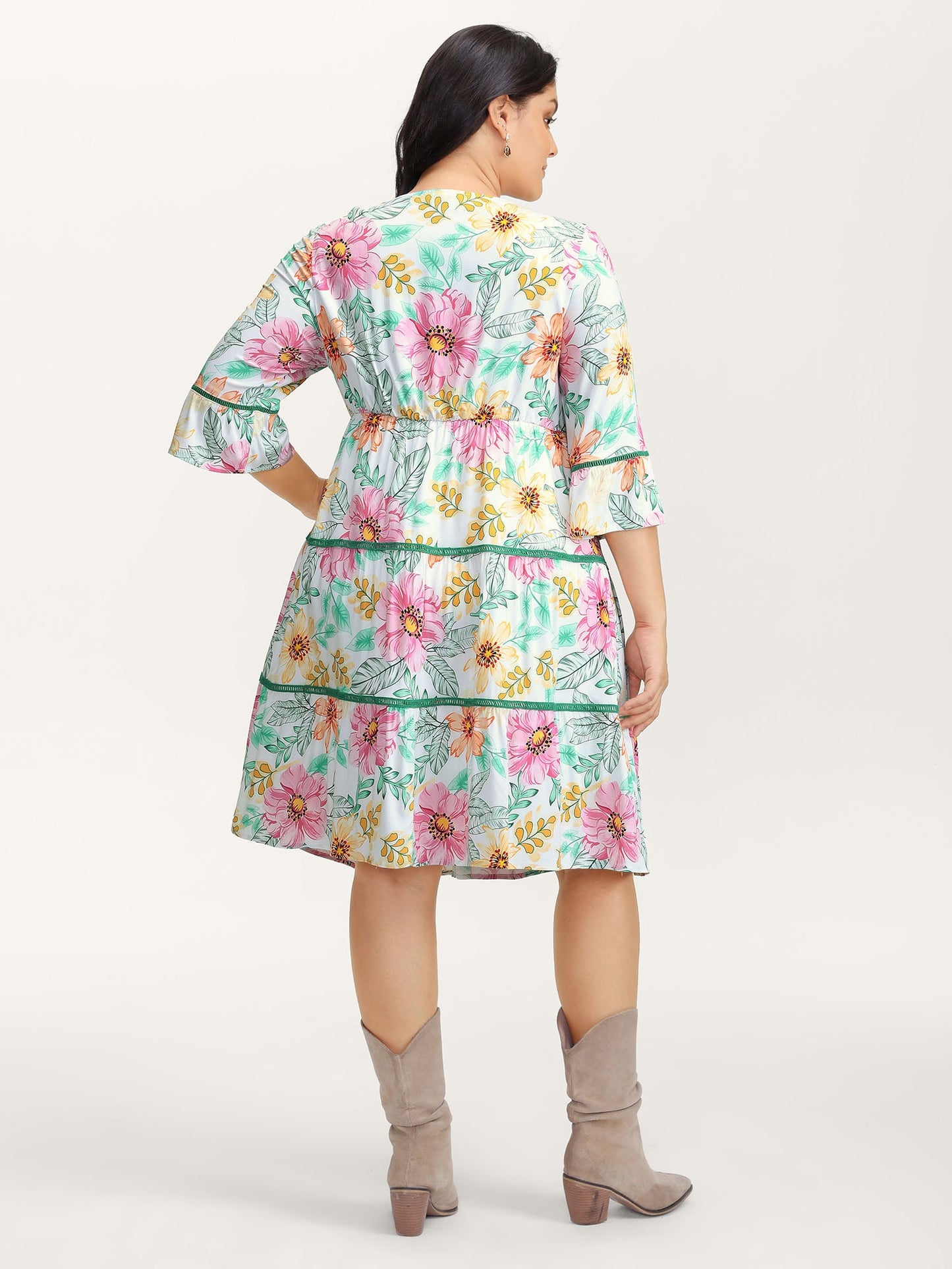 Floral Print Neck-Tie Tiered Knee Dress